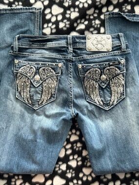 Miss Me Signature Bootcut Jeans Sz 29 Embellished Flap Pocket Distressed Denim